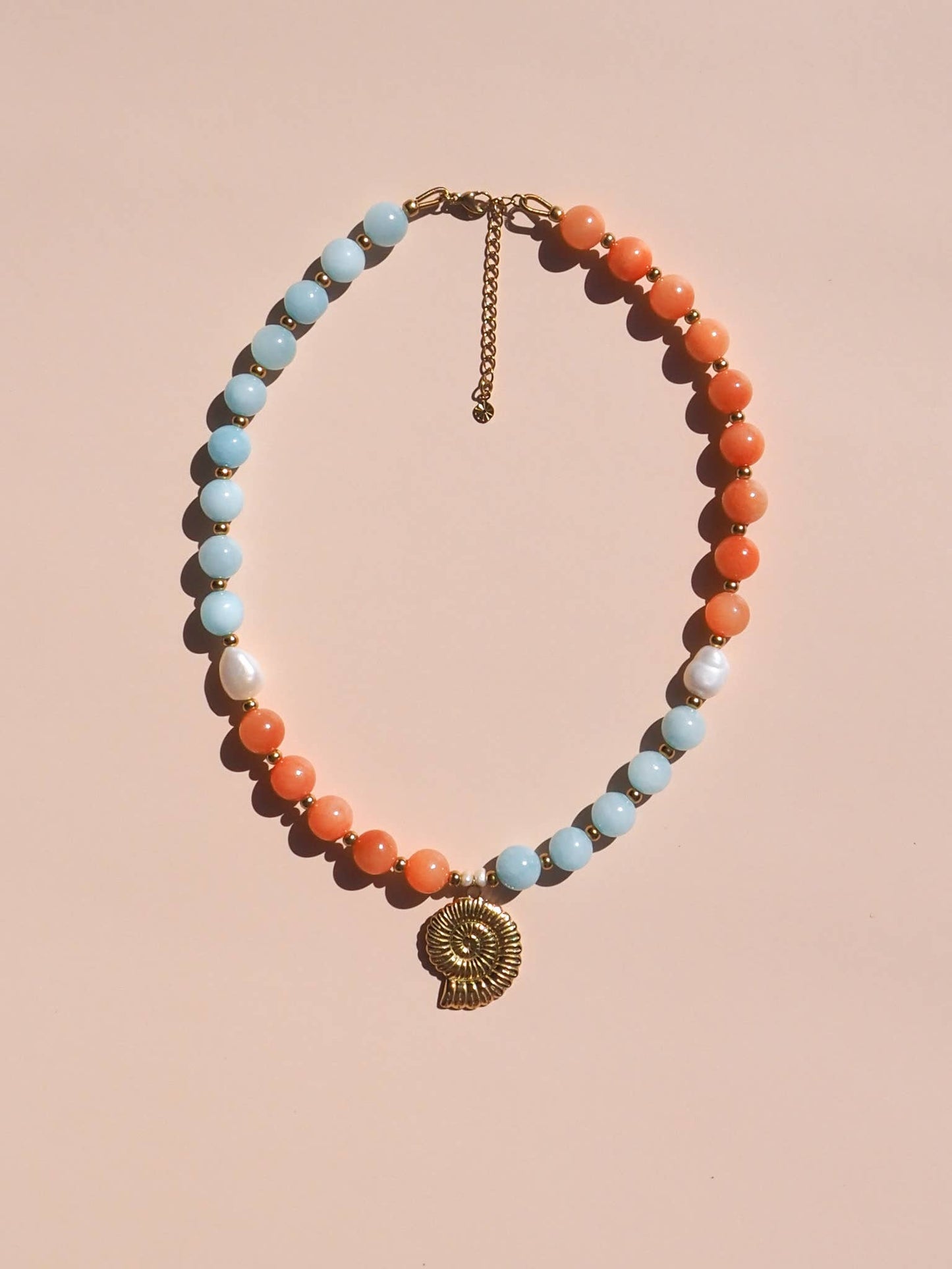 Freshwater Pearl Spiral Shell Beaded Necklace: (Gold) 18K Gold over Stainless Steel
