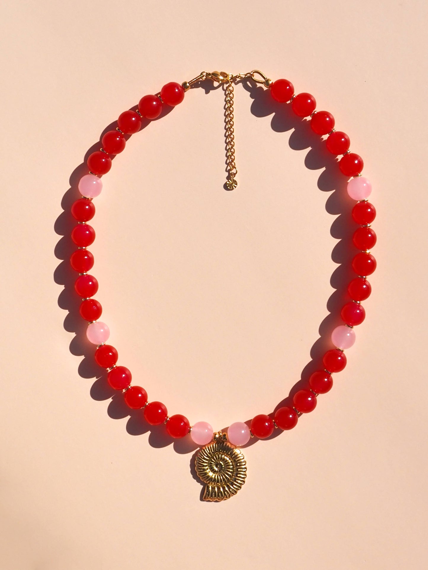 Spiral Shell Red & Pink Beaded Necklace : Yellow Gold / 16"