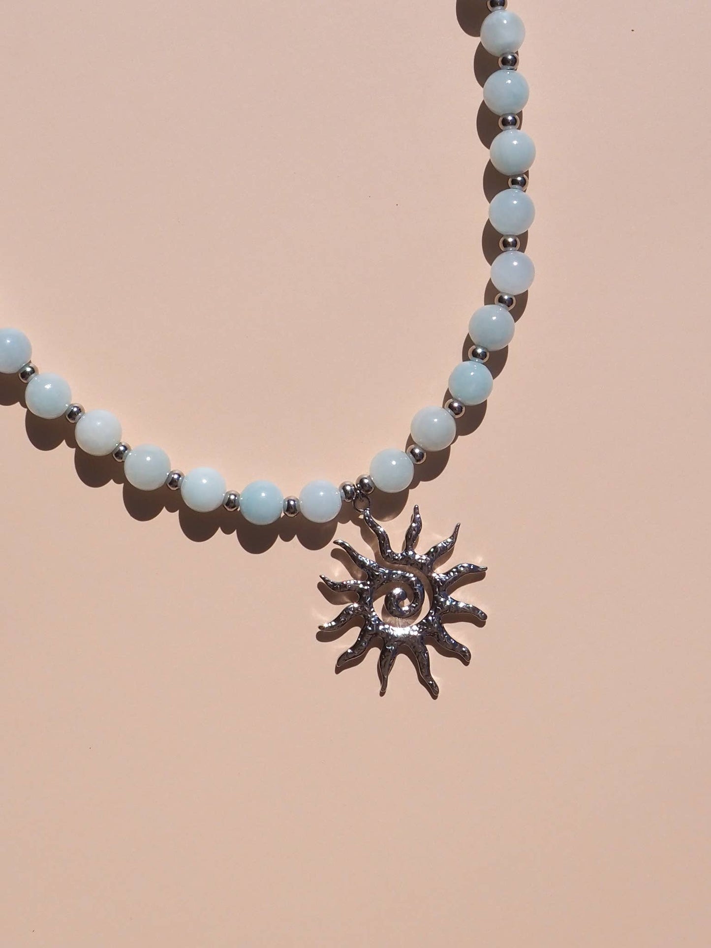 Spiral Sun Blue Beaded Gemstone Necklace : (Gold) 18K Gold over Stainless Steel / 18"