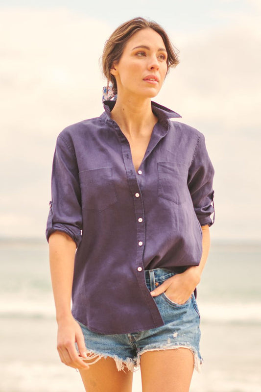 The Girlfriend Linen Shirt - Navy