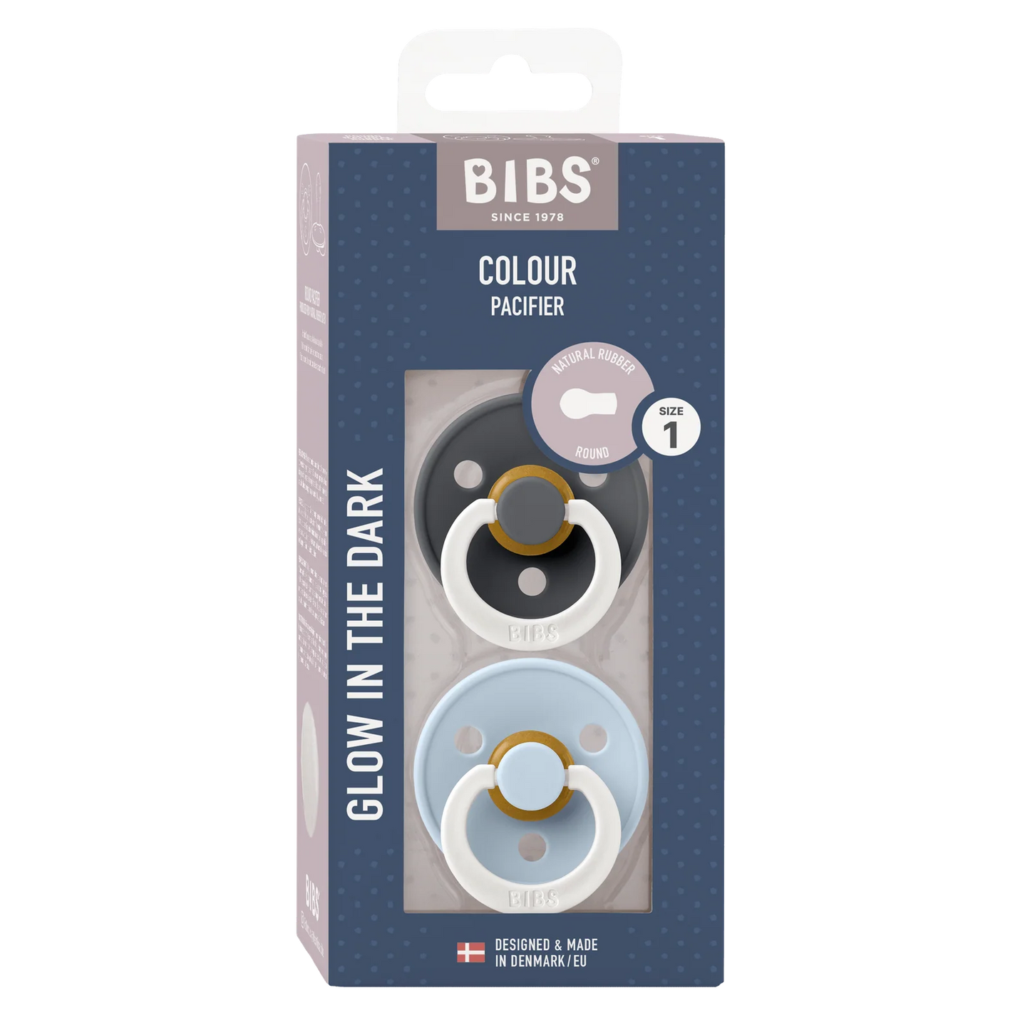 BIBS Dummies - Round S1 Glow - Iron/BabyBlue (2pk)