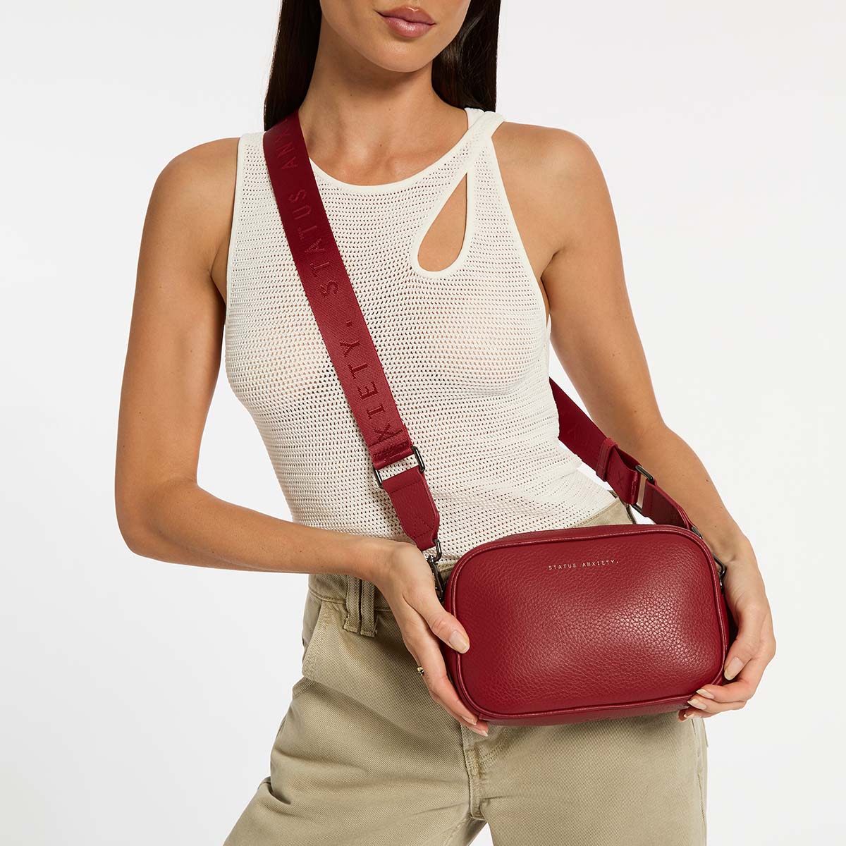Plunder Leather Bag Webbed Strap - Rouge