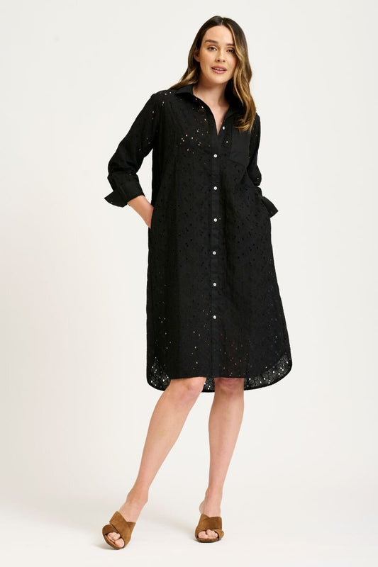 The Gathered Back Shirt Dress Broderie - Black