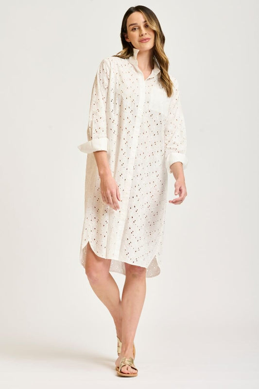 The Gathered Back Shirt Dress Broderie - White