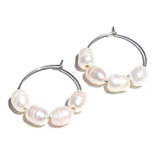 Small Silver Pearl Hoops